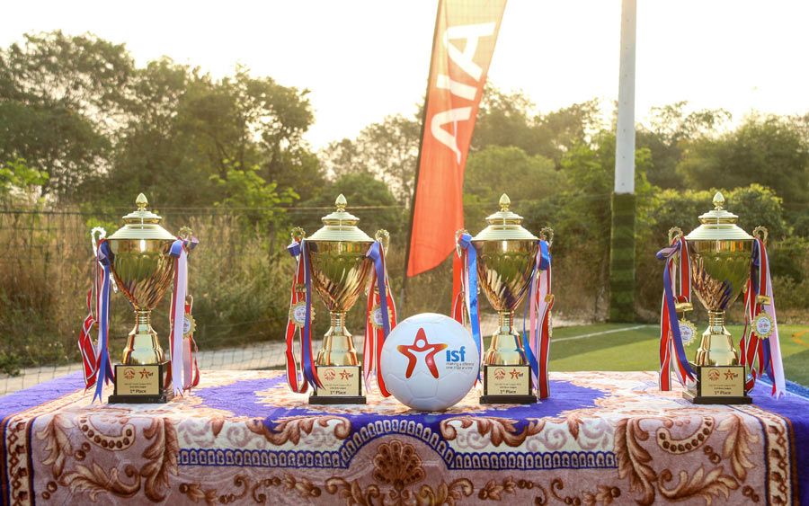 Trophies at 2021 AIA-ISF Youth League opening in Battambang